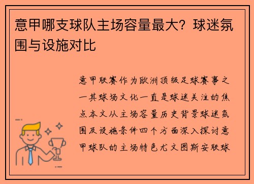 意甲哪支球队主场容量最大？球迷氛围与设施对比