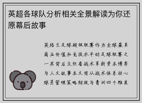 英超各球队分析相关全景解读为你还原幕后故事
