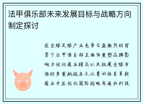 法甲俱乐部未来发展目标与战略方向制定探讨