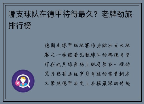 哪支球队在德甲待得最久？老牌劲旅排行榜