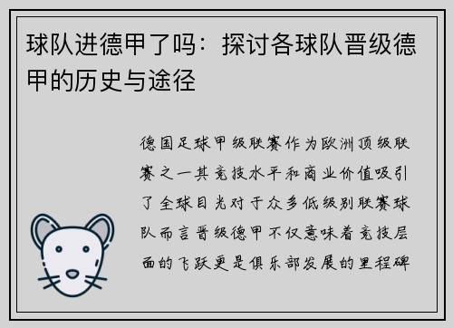 球队进德甲了吗：探讨各球队晋级德甲的历史与途径